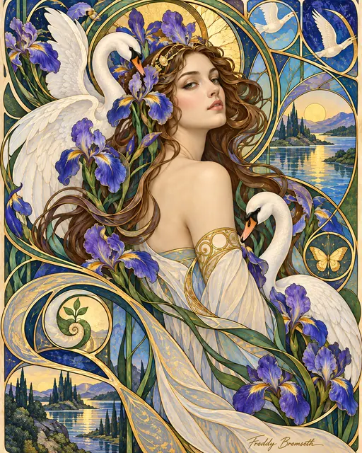 Art nouveau dronning med iris og svaner