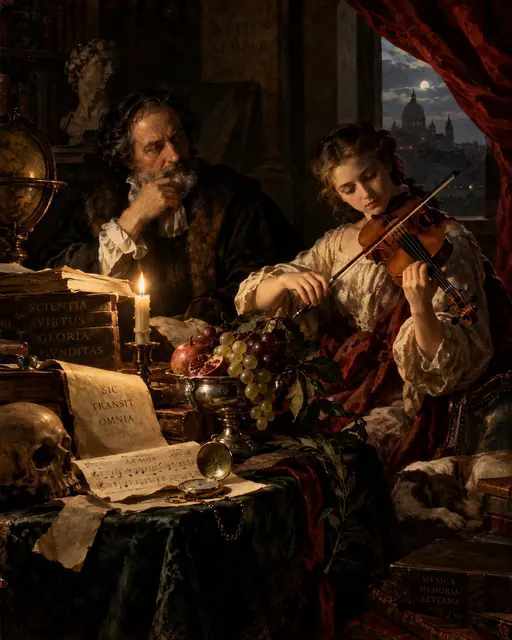 Barokk studie med musiker og vanitas stilleben