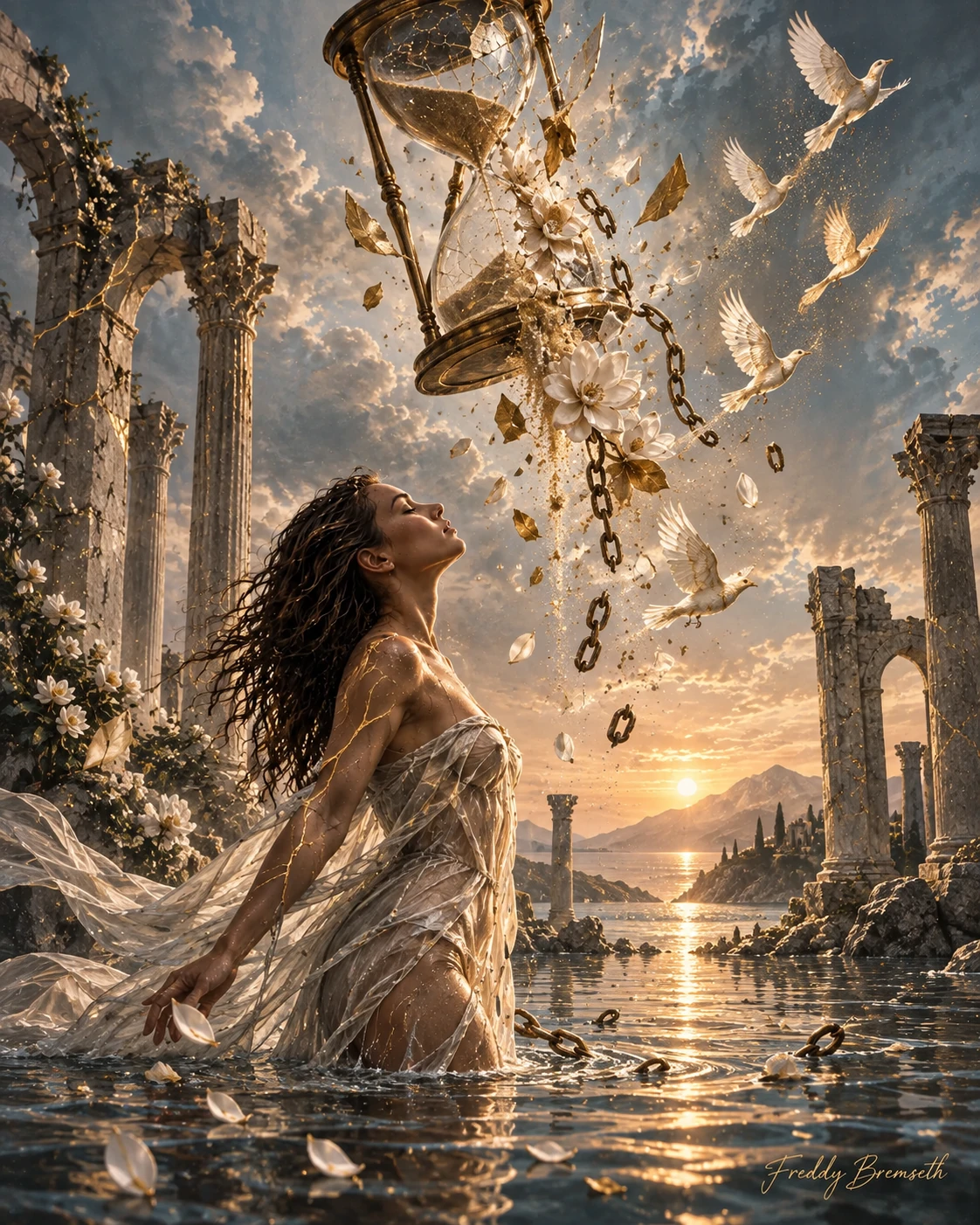 Knust timeglass over et gyllent hav — Freddy Bremseth Art