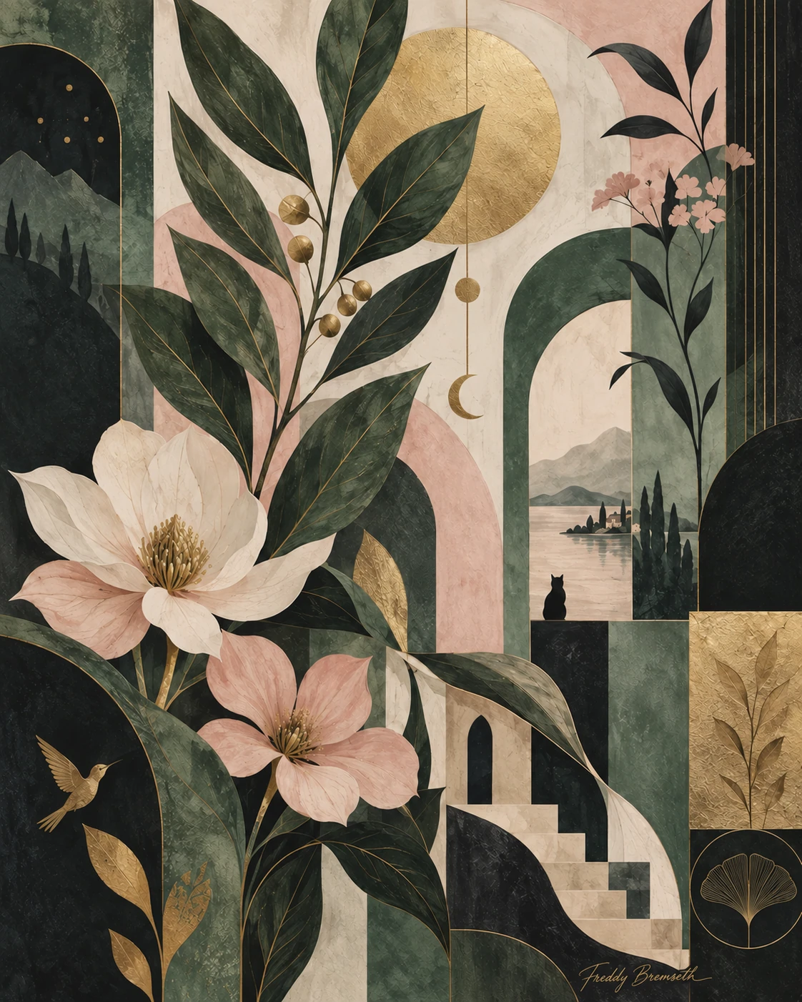 Signert botanisk art deco-collage — Freddy Bremseth Art