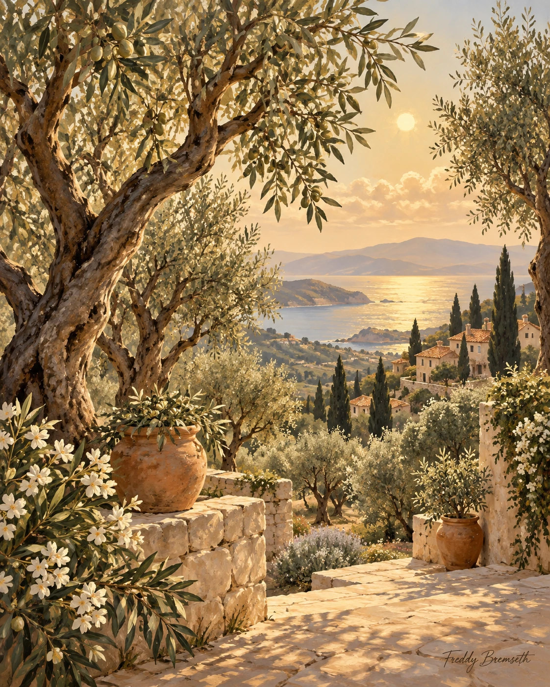 Sunlit olive grove — Freddy Bremseth Art