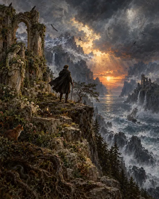 Vandreren ved det stormfulle fjordlandskapet